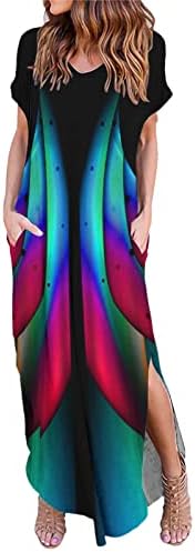 שמלת קיץ 2023 לנשים צוואר שרוול קצר צוואר הצוואר צבעוני להדפס צבעוני שמלה ארוכה חוף שמלת מקסי עם כיס