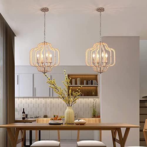 מודרני נברשת אור קבועה, 4-אורות עץ חרוזים בוהו פדנט תאורת בציר חווה כדור נברשת תקרת אור קבועה עבור אוכל חדר