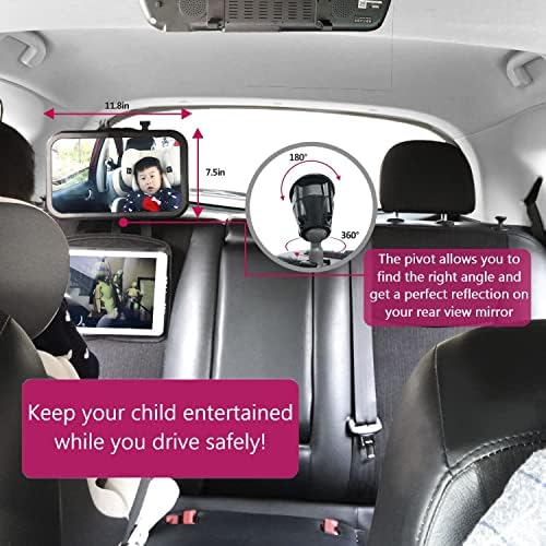 מראה לתינוק לרכב עם מחזיק אייפד - XL מראה לרכב לתינוק לפנים אחוריות לתינוק - זווית רחבה של 360 מעלות, נוף ברור,
