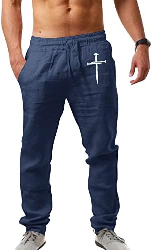 מכנסיים מזדמנים של XXBR מכנסיים כותנה פשתן קיץ מותניים אלסטיים משיכת מכנסי יוגה באורך מלא מכנסי חוף הדפסים צולבים