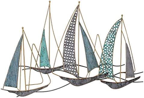 ADECO 3D מתכת אמנות קיר סירת מפרש, פסלי קיר מתכת עתיקים בעבודת יד פסלי קיר קירט ימיים, סירת שיט מתכתית עיצוב חוף בית מלון חדר
