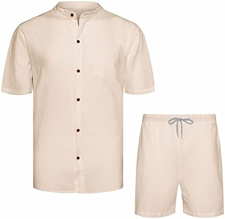 תלבושת פשתן של Duofier גברים חולצת שרוול קצר ומכנסי מותניים משוררים עם כיסים צדדיים