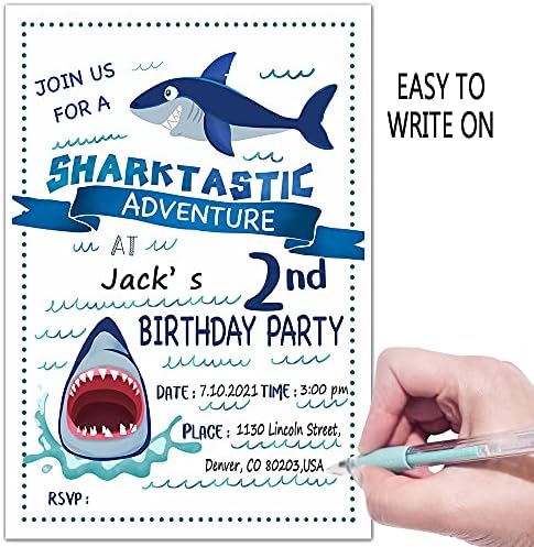 ukebobo הזמנות למסיבת יום הולדת שנייה עם מעטפות-הזמנות למסיבת יום הולדת של כריש, קישוטים למסיבות כריש-20 קלפים