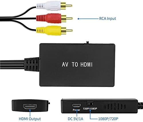 ממיר Tengchi RCA לממיר HDMI, AV זכר למתאם HDMI תומך 1080p PAL/NTSC תואם ל- PS ONE, PS2, PS3, STB, Xbox, VHS,