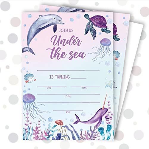 Huyaw מתחת לים כרטיס הזמנה למסיבת יום הולדת 25 חבילה 4 כרטיסי x 6, חיים ימיים חיות אוקיינוס ​​הזמנות ומעטפות לבנות