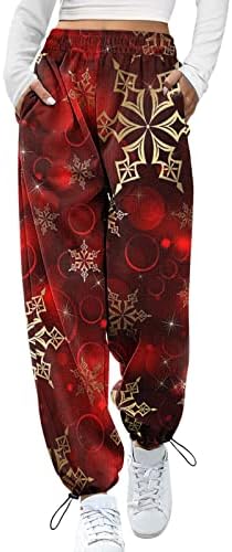 מכנסי טרנינג לחג המולד נשים עם כיסים נמתחים מותניים גבוהים מכנסי טרנינג רגועים כנסת חג המולד רופפת מכנסי טרנינג מזדמנים