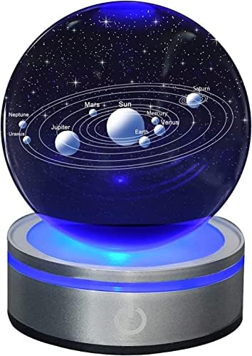 3 מערכת שמש כדור בדולח עם תאורה צבעונית הוביל מגע בסיס, מודל מערכת השמש דקור מדע אסטרונומיה מתנות אלוהים יברך