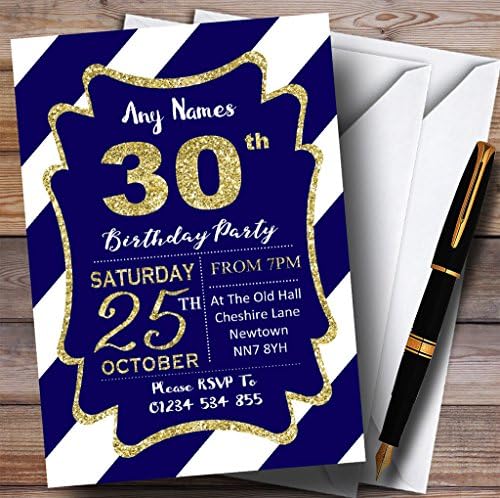 פסים אלכסוניים לבנים כחולים זהב 30 הזמנות למסיבת יום הולדת בהתאמה אישית