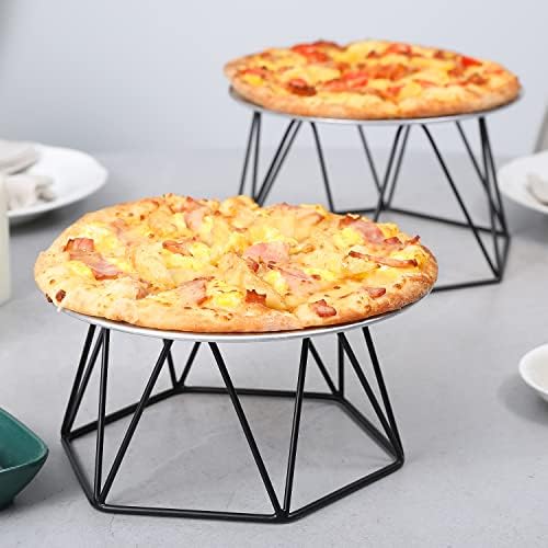 MyGift Matte Black Metal שולחן שולחן פיצה קופסת קופסת פיצה עם עיצוב גיאומטרי, תצוגת מזון של פיצה פאן, סט של 2 - גדלים