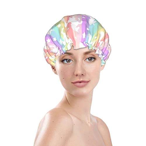 כובע מקלחת חד קרן קשת חמוד לנשים לנשים לשימוש חוזר שכבות כפולות אטומות למקלחת מגן שיער מגן על פבה כובע מקלחת