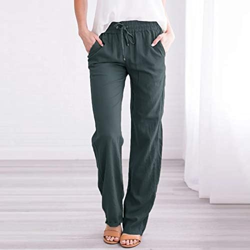 מכנסי פשתן כותנה קיץ מזדמנים לנשים מכנסי רגל רחבים עם כיסים צבעים טהורים צבע ישר מכנסי חוף מכנסי חוף