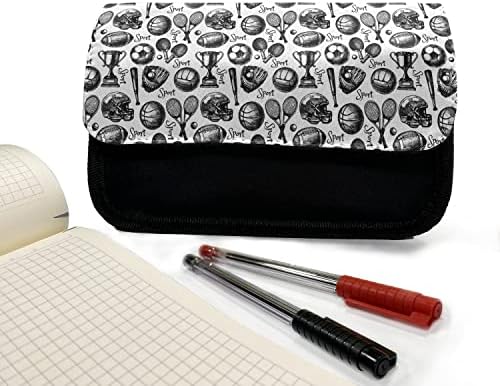 מארז עיפרון ספורט לונא -לוני, דפוס סקיצה עם כדורים, תיק עיפרון עט בד עם רוכסן כפול, 8.5 x 5.5, לבן שחור