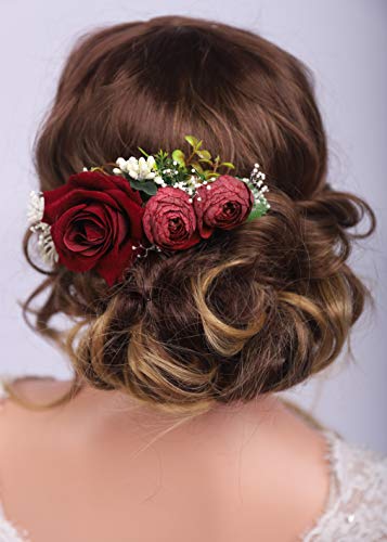 אדום עלה בורגונדי שיער מסרק עבור כלות חתונה כלה בציר סרט בורגונדי פרחוני מסרק פסטיבל כיסוי ראש נשים בנות המפלגה