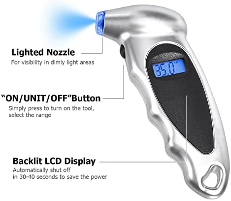 מד לחץ צמיג דיגיטלי, 150 psi 4 הגדרות קורא צמיג רכב קורא מדד, LCD עם תאורה אחורית וכלי בדיקת מדידת אוויר לא אחיזה, אביזרים