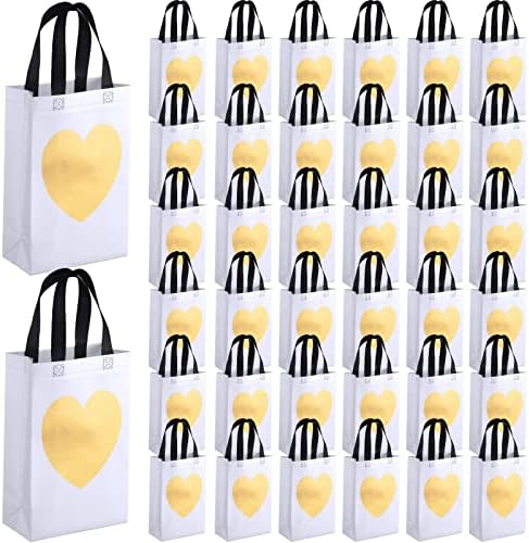 48 יחידות שקית מתנה עם הדפס לב זהב מבריק שקיות מתנה לשימוש חוזר עם ידיות תיק לא ארוג ליום האם חתונה יום הולדת מקלחת