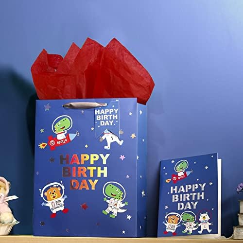 מייפלוס 13 שקית מתנה גדולה עם כרטיס יום הולדת ונייר טישו לילד-עיצוב אסטרונאוט דינוזאור לבנים