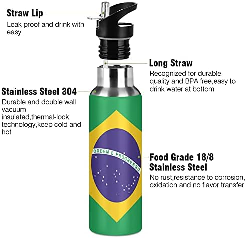 Tropicallife Brazil Flag נושא בקבוק מים ספורט מבודד קש, ואקום נירוסטה בקבוק שתייה בקבוק בקבוק תרמו דליפת דליפות לטיולי