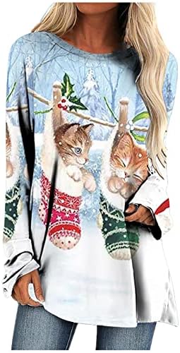 חג המולד חולצות טוניקת חולצה לנשים חמוד חתול מודפס ארוך שרוול צוות צוואר רופף חולצה ארוך חג המולד סוודר טיז
