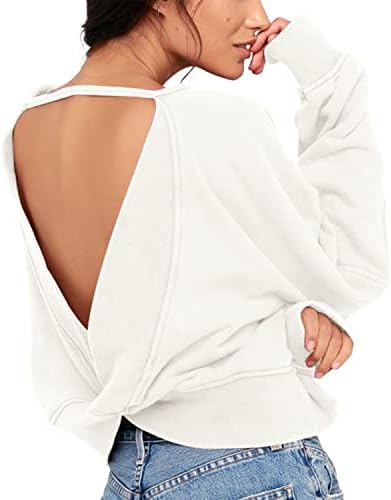 Reachme נשים פתוחות גב מהכתף סווטשירטים Criss Cross v סוודר צוואר צוואר צוואר צוואר שרוול ארוך חולצות ללא גב גב