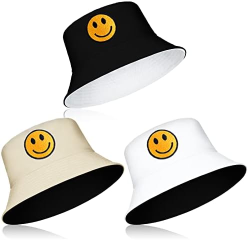 3 חבילות כובעי דלי דלי אריזות כובעי דלי חיוך הפיכים כובעי דיג רקומים לנשים כובע שמש אסתטי כובע חוף לטיול קיץ בחוץ