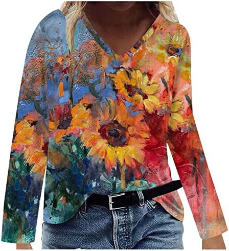 חולצות שרוול ארוכות ג'וניורס מצביעות חמניות חממה חיננית פרחונית חולצות גרפיות טייז עמוק V חולצות צוואר 2023 2x
