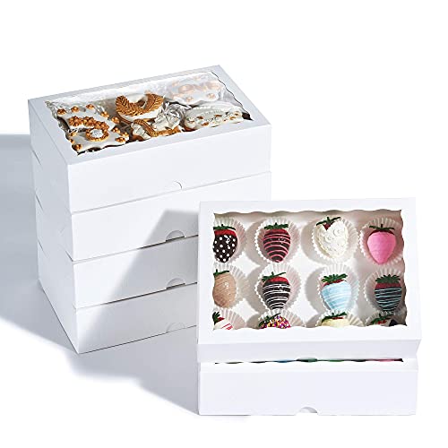 JCXPack 50 pcs 10 x 7 x 2.5 אינץ 'קופסאות מאפייה לבנות, קופסאות תות, קופסאות עוגיות לבנות אלגנטיות עם חלון תצוגה
