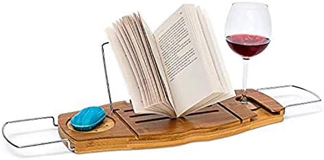 קאדי אמבטיה Accduer, מגש אמבטיה עם דוכן ספרים, 75-98 סמ, עם מחזיק זכוכית יין, ניתן להרחיב, טבעי, צבע: כיסוי