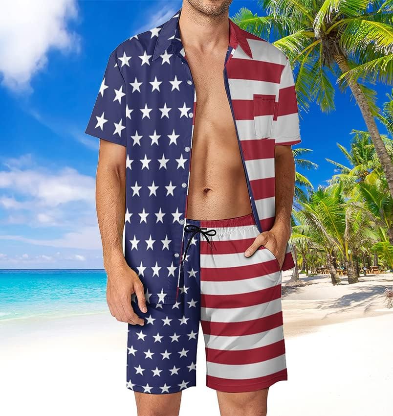 Feim-AO כפתור מזדמן מטה חולצות מוגדרות לגברים דגל אמריקאי חולצות שרוול קצר