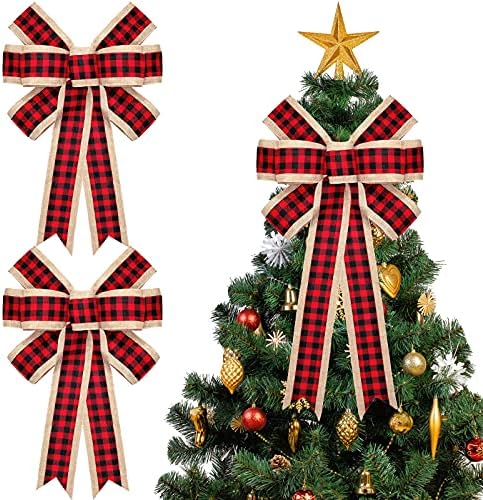 2 חתיכות חג המולד קשתות משובצות של באפלו קשתות משובצות יוטה גדולות קשתות קשתות עץ חג המולד טופר קישוט