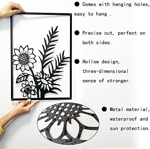 Duooln 3 חלקים פרחי מתכת אומנות קיר עיצוב קיר צמח מינימליסטי, קיר מתכת אמנות מתכת שחורה פסלי פרחי מתכת שחורים תלויים,
