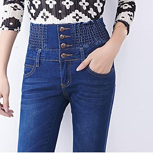 מותניים גבוהות לנשים מתיחות ג'ינס רזות רזה מתאימות 4 כפתור מכנסי ג'ינס צבע מוצק הרמת ג'ין מכנס