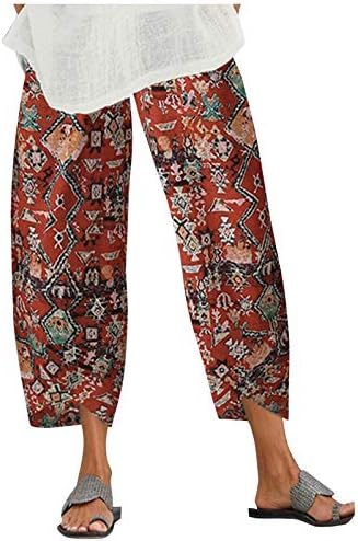 Grge Beuu Capri מכנסיים לנשים מכנסי טרקלין פאלאצו דפסת רגל רחבה תחתונים קצוצים מכנסי פשתן כותנה רחבים עם כיסים