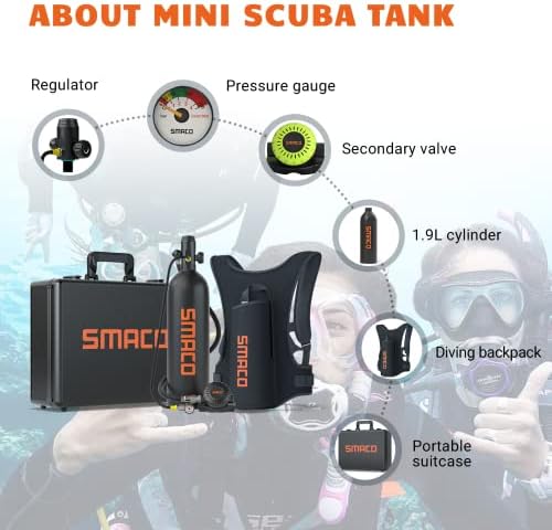 מיכל Smaco Mini Scuba 1.9L קיבולת קיבולת צלילה תמיכה במיכל חמצן 25-30 דקות נשימה מתחת למים ערכת טנק צלילה קטנה עם תיבה ניידת