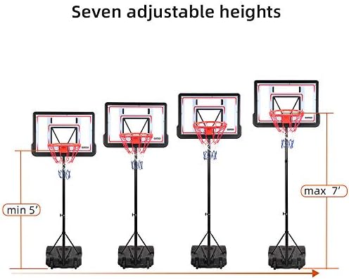 פקסמור 5' -7 'גובה מתכוונן חישוק כדורסל נייד, מערכת מעמד כדורסל לנוער ילדים בני נוער, מקורה חיצוני עם 32 רוחב קרש גב 2 גלגלי