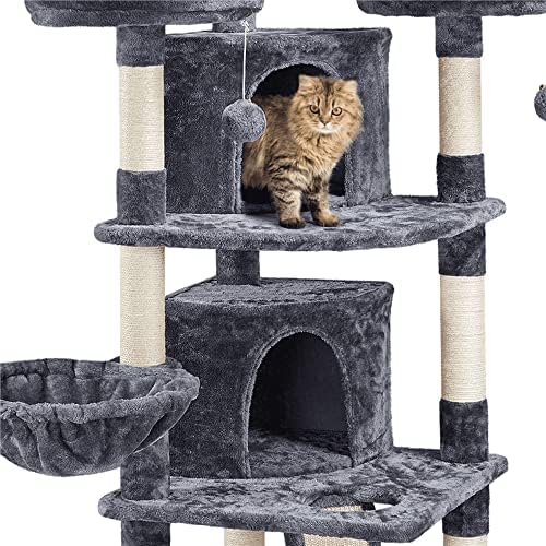 מסגרת טיפוס על חתולים, כדור תלוי ， מתלה חתולים מגדל קטיף עץ חתול גדול עם מערות פלטפורמות דירות לוח גירוד, אפור כהה