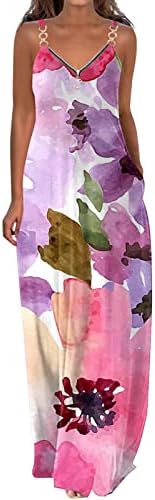 שמלות GDJGTA לנשים מדפיסות ספגטי נגד שמלת צוואר חוף חוף שמלת מקסי ארוכה עם כיסים שמלות עבודה שמלות SUNDRESS