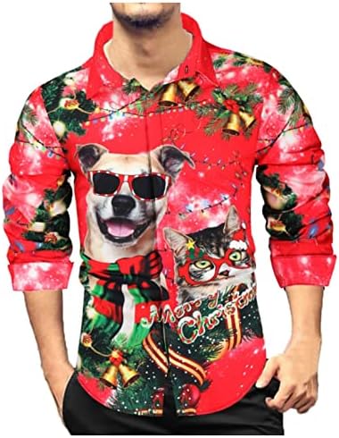 XXBR חולצות חג מולד שמח לגברים, חג המולד סנטה קלאוס חתול כלב מודפס כפתור מטה צווארון צווארון מזדמן חולצה בגדים