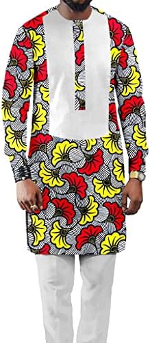 גברים אפריקאים מסורתיים פרחוניים מודפסים מכנסיים 2 חלקים חליפה שרוולים ארוכים תלבושות שבטיות דשיקי אימונית לבוש