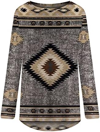 טוניקות לנשים מערבית שבטי הדפס אתני חולצת טריקו מזדמנת על גבי צוואר ארוך סוודר חולצה קלאסית.