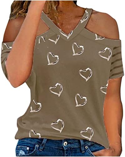 חולצות נערות נערות מכסה שרוול קצר צמרות כתף קר V סטרץ 'צוואר מאהב אהבה הדפס חולצות סתיו מקיץ מפוספס