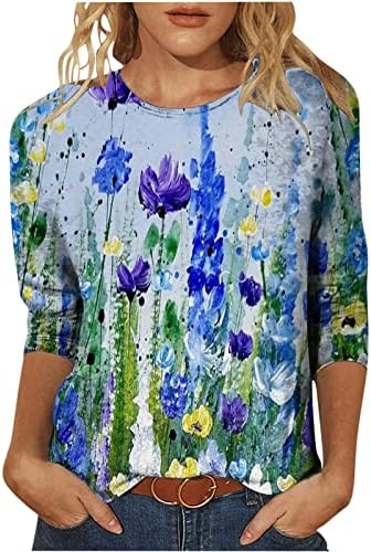 חולצת טריקו להדפס פרחוני של נשים צוואר שרוול 3/4 צוואר שרוול בכל רחבי טיז גרפי של דפוס פרחים צמרות סוודר