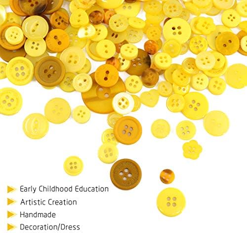 Rustark 650pcs סדרה צהובה כפתורי שרף ממצאים אהובים על כפתורים בסיסיים 2 ו -4 חורים לחצני מלאכה לאמנויות, מלאכות DIY, קישוט,