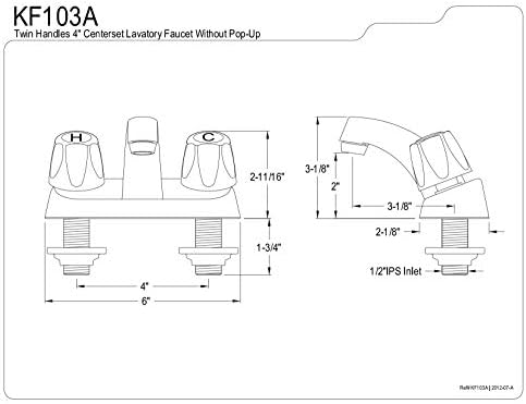 אלמנטים פליז של קינגסטון של עיצוב EF103A 2-ידית 4 'מרכזי ברז לשירותים ברזים ללא קופץ פליז, 3- 1/8', כרום מלוטש