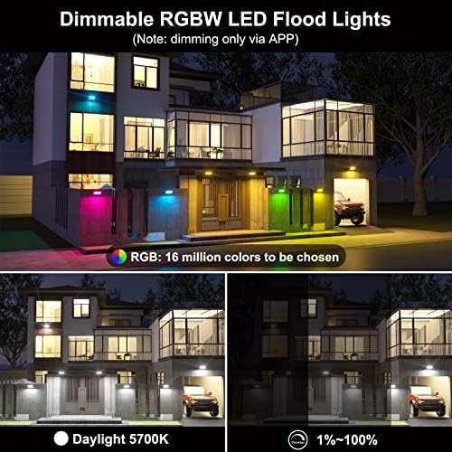 LED RGB אור שיטפון חיצוני 500W שווה ערך, שינוי צבע חכם ואור יום 5700K תאורת נוף, אורות פטיו אטומים למים IP66 באמצעות בקרת אפליקציות,