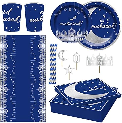 מסיבת כלי שולחן כחול כסף ירח מסיבת כלי שולחן חד פעמי כסף נייר מגבת נייר צלחת קישוט סט צד טובה לילדים 8-12
