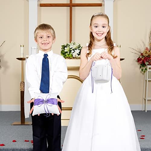 נושא טבעת כרית חתונה פרח ילדה סל סט עם כפול לב ריינסטון לבן סאטן חתונה סל וטבעת כרית סט לחתונה טקס ספקי צד