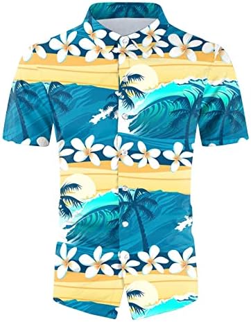 חולצות הוואי קיץ UBST לגברים, כפתור למטה שרוול קצר הדפס עץ טרופי רגוע כושר חוף חולצה מזדמנים חולצה