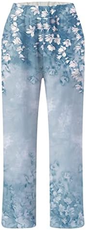 נשים רחב רגל פאלאצו מכנסיים הדפס פרחוני כותנה פשתן נמתח רופף מתאים הקרסול קפריס מכנסיים עם כיסים