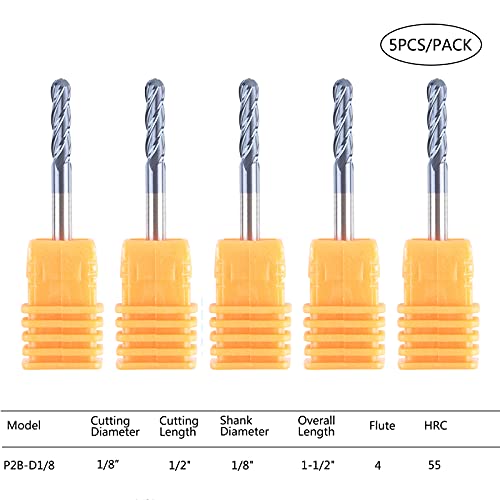 Spetool 5 pcs 4 חלילים כדור באף נתב חתיכות 1/8 אינץ 'חיתוך כלי כרסום HRC55, 1/8 אינץ' חיתוך CNC CNC כלי CNC