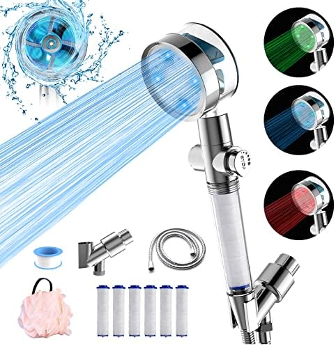 ראש מקלחת LED עם כף יד ו -3 צבעים טמפרטורת מים מבוקרת אור, מאוורר טורבו לחץ גבוה הידרו סילון מנתק ערכת ראש מקלחת, ראש מקלחת